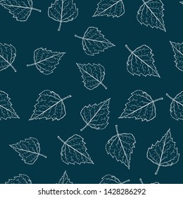 Birch leaves seamless pattern on dark background. Hand drawn vector illustration