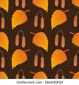 Birch leaves seamless pattern with seeds.Colorful print with repeating elements.Bright autumn foliage on a dark brown background.Vector illustration.
