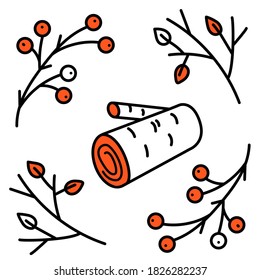Birch log and branches of a bush. Doodle style, Scandinavian. The vector is isolated on a white background.