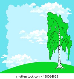 Birch on a background of the sky. Vector card. Space for text.