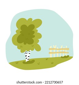 Birch on a clearing wooden fence. Vector drawing on a white isolated background. Illustration in flat cartoon style.
