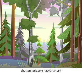 Birch en un bosque de pinos. Hermosa escena en la naturaleza. Bonito paisaje de verano por la mañana o por la noche. Ilustración en diseño plano de estilo caricatura. Vector.