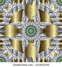 Birch textured abstract russian style seamless pattern. Vector ornamental ethnic background. Birch trees, bark. Repeat floral russian ornament with gold leaves, mandalas. Colorful surface backdrop.