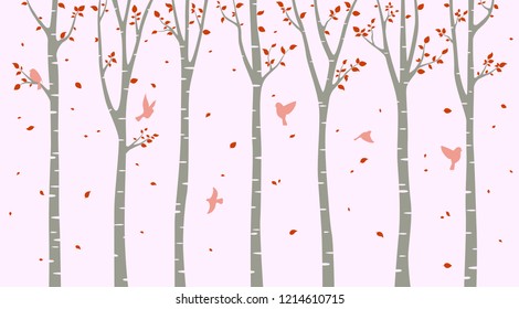 Birch tree with birds silhouette background