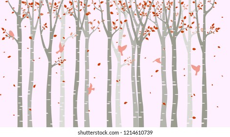 Birch Tree With Birds Silhouette Background