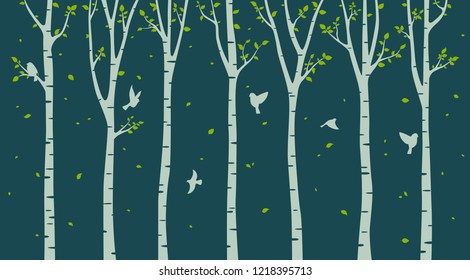 Birch Tree With Birds Silhouette Background