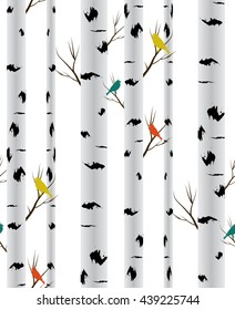 birch tree and bird.seamless pattern.vector.fabric