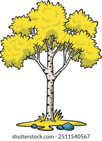 Birch Tree com arbusto, grama e base de pedra