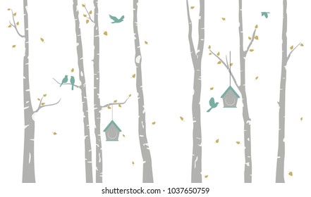 Birch Tree with deer and birds Silhouette Background