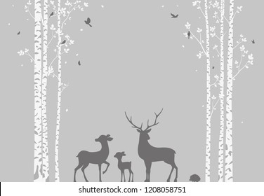 Birch Tree with deer and birds Silhouette Background for wallpaper sticker