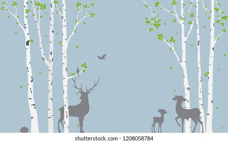 Birch Tree with deer and birds Silhouette Background for wallpaper sticker