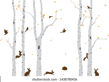 Birch Tree with deer and birds Silhouette Background