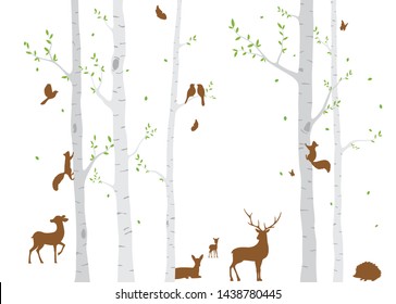Birch Tree with deer and birds Silhouette Background