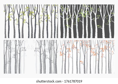 Birch Tree with deer and birds Silhouette Background