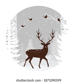 Birch Tree with deer and birds Silhouette Background for wallpaper sticker