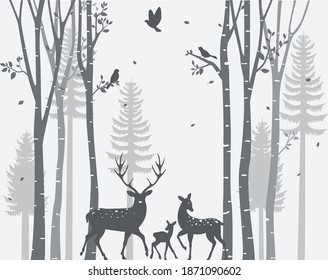 Birch Tree with deer and birds Silhouette Background for wallpaper sticker