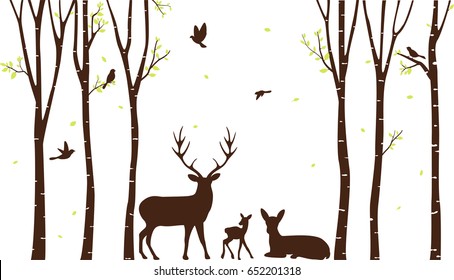 Birch Tree with deer and birds Silhouette Background svg