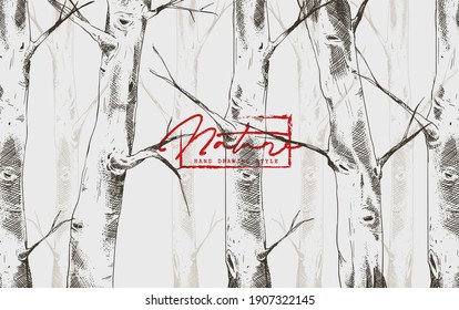 Birch Tree Forest Template Background with Hand Drawing Style