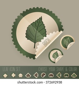 birch tree leaf icon set in stamp shape, with colors and shapes to choose