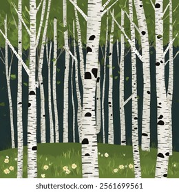 Birch tree pattern. Seamless vector illustration pattern with summer or spring birch trees. Perfect for textile, wallpaper or print design. Fabric Design for wallpapers, web site background, postcard.