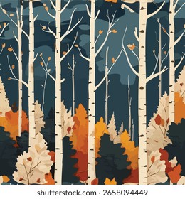 Birch tree pattern. Seamless vector illustration pattern with conifer and birch trees. Perfect for textile, wallpaper or print design. Fabric Design for wallpapers, web site background, postcard.