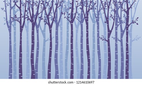 Birch tree silhouette on blue background