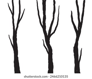 Birch tree silhouette trunk branch hand drawn doodle vector for forest woodland background.