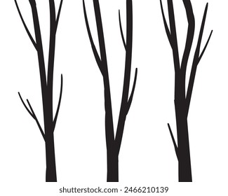 Birch tree silhouette trunk branch hand drawn doodle vector for forest woodland background.