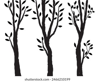 Birch tree silhouette trunk branch with leaves hand drawn doodle vector for forest woodland background.