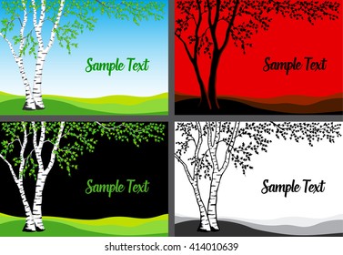 Birch Tree Vector  Illustration. Birch tree in color, silhouette and  black and white template card set. 