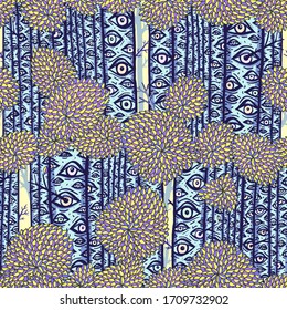 Birch trees with eyes seamless pattern. Psychedelic trippy style vector ink hand drawn illustration for wrapping, fabric, wallpaper design