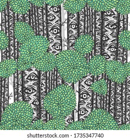 Birch trees with eyes seamless pattern. Psychedelic trippy style vector ink hand drawn illustration for wrapping, fabric, wallpaper design