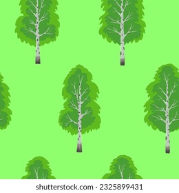 Birch trees with green foliage on a light green background or on a bright green background, pattern. Seamless pattern. Trees and nature, pattern. Seasons, summer, spring. Vector illustration.