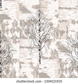 
Birch trees on the background of birch bark. Collage. Vector seamless pattern, texture. Abstract  design. 