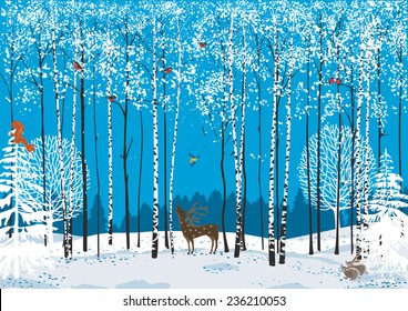 Birch trees with perching flock of bullfinches and different animals around in a winter forest 