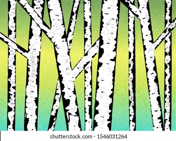 Birch trees. Vector background. Black and white trees with colorful gradient background. 