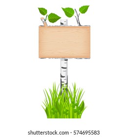 Birch wooden rectangular signboard with green leaves on a pole at the grass lawn vector illustration