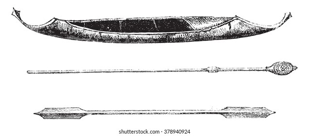 Birchbark canoe Tungus of central Amour; below, oars, vintage engraved illustration. Magasin Pittoresque 1873.