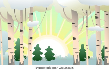 Birches and pines in snow against backdrop of sun. Winter landscape forest and trees. Nature view. Cartoon fun style. Flat design. Vector.