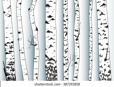 Birches repeated border. Cutout paper silhouettes.
