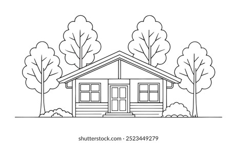 Birchwood Bungalow continuous line art isolated flat vector illustration on white background.