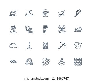 Birck Wall, Cone, Tools, Steamroller, Tiles, Hacksaw, Wrench, Ladder, Safety glasses, Excavator, Paint bucket outline vector icons from 20 set