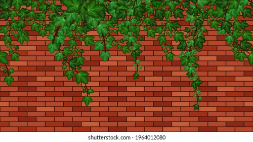 Birck wall with ivy leaves. Green ivy foliage on red bricks, building wall or fence. Seamless repeat pattern, cartoon background. Vector illustration