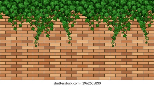 Birck wall with ivy leaves. Summer green ivy foliage on  bricks, building wall or fence. Seamless repeat pattern, cartoon background. Vector illustration