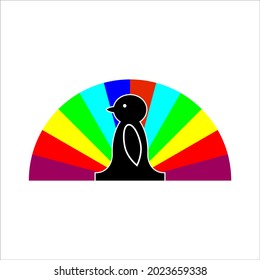 Bird abstract creative logo with opening fanning tail and colorful feathers different colors. Vector illustration.