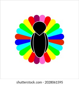 Bird abstraktes kreatives Logo mit dem sich öffnenden Schwanz fächern und bunten Federn verschiedenen Farben. Vektorgrafik.