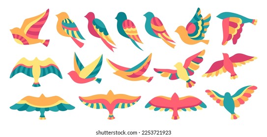 Bird with abstract graphic ornament cartoon set. Hand drawn flat colored modern trendy fowl or sparrow, dove pigeon illustration. Cute colorful various birds comic simple songbirds design element