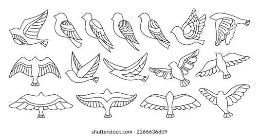 Bird with abstract graphic ornaments doodle set. Hand drawn flat linear modern trendy fowl or sparrow, dove pigeon illustration. Cute various contour birds comic simple songbird vector element