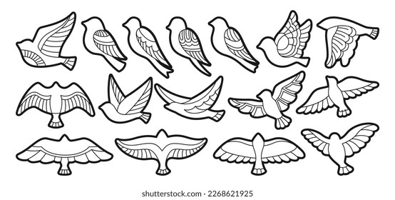 Bird with abstract graphic ornaments doodle set. Hand drawn stylized linear modern trendy fowl or sparrow, dove pigeon sticker or stamp. Cute various contour birds comic simple songbird vector element