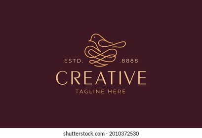 Bird and Abstract Nest Logo Design Template. Vector Illustration of Abstract Bird and Nest in one line art. Vintage Modern Logo Line Art Design Template